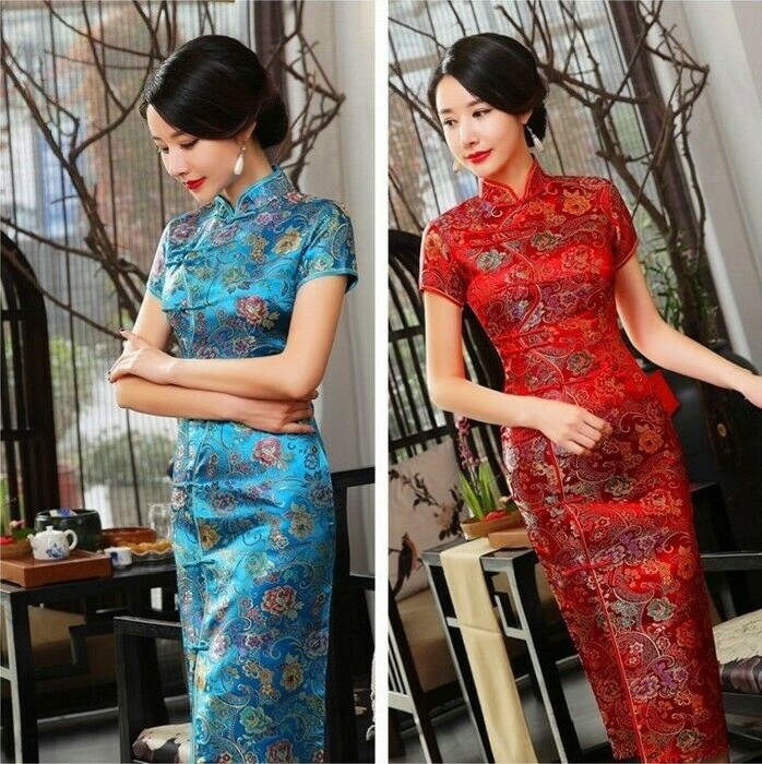 Chinese Vintage Brocade Satin Cheongsam Qipao Women Long Evening Dress Luxury