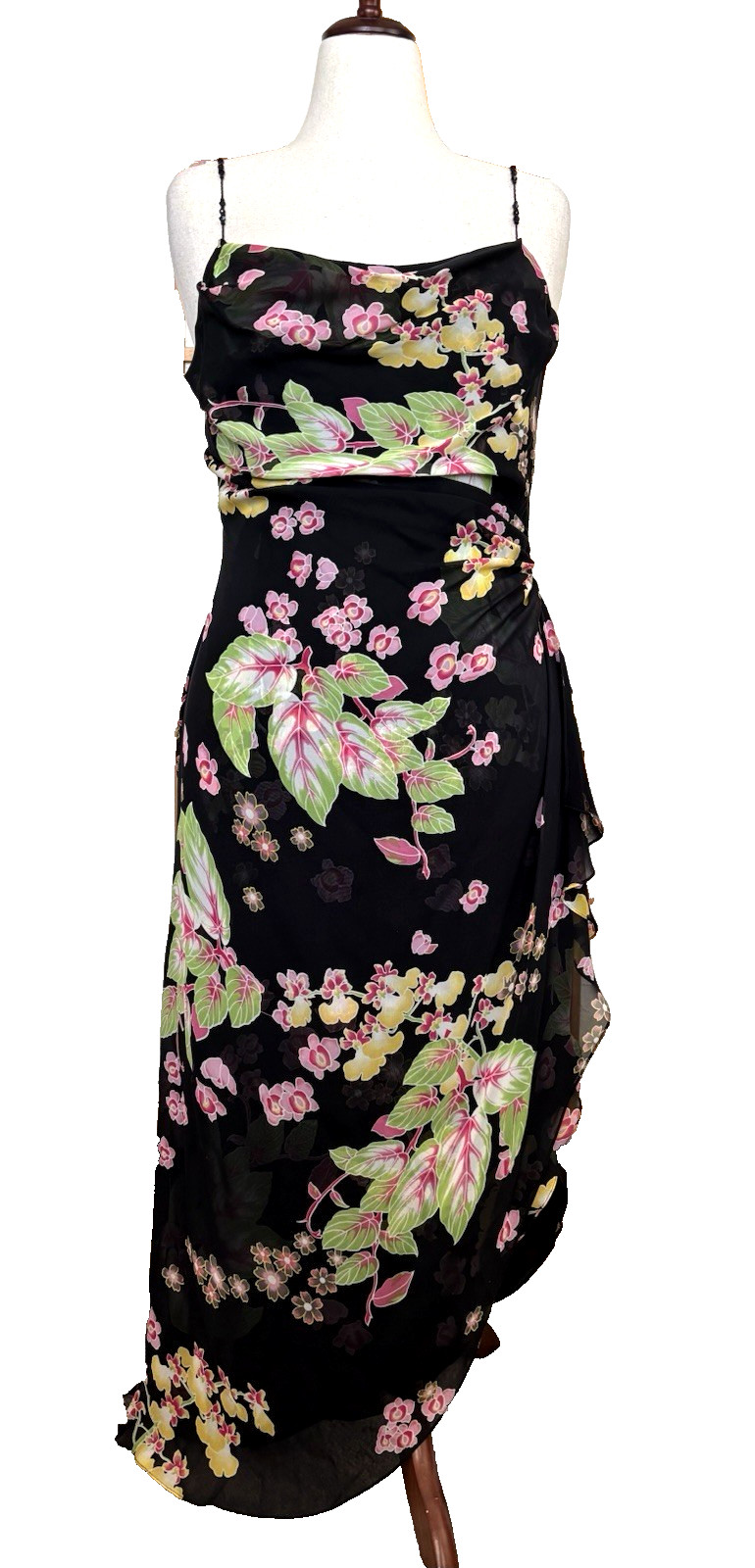 VTG Kay Unger Silk Floral Sheath Dress Sz 12 Overlay Asymmetric Ruffle Beaded