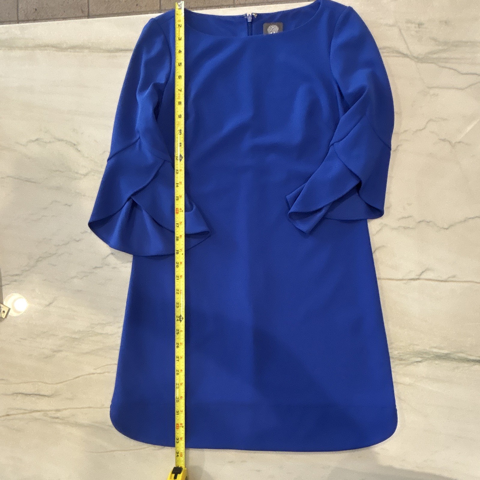 Vince Camuto Blue Solid Shift Dress Round Neck 3/4 Bell Sleeve Zip Back 2
