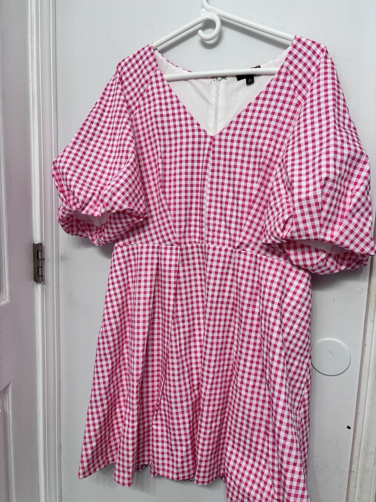 1 State Pink White Checked Pleated Lined XL Dress Baloon Sleeve 44 Bust 36 Waist