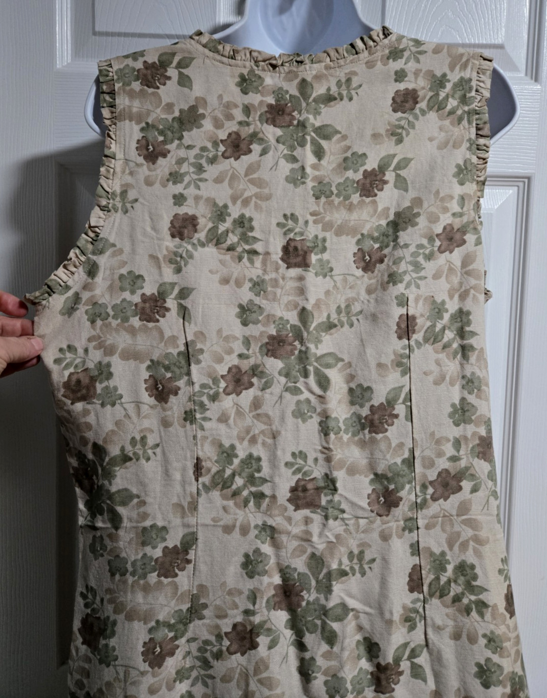 Kathy Ireland Beige/Green Sleeveless Floral Linen Blend Dress;Ruffle V-Neck;Sz L