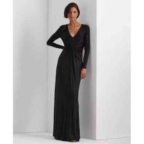 Lauren Ralph Lauren Nadia Black Metallic Twist Front Long Sleeve Gown Size 10