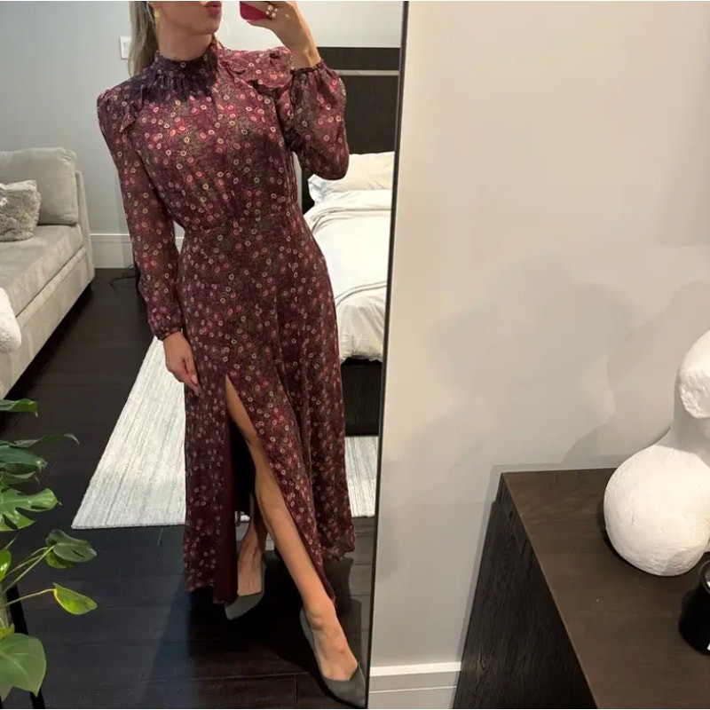 Saloni Floral Chiffon Maxi Dress SIZE 4 Silk High Neck Side Slit Designer $800
