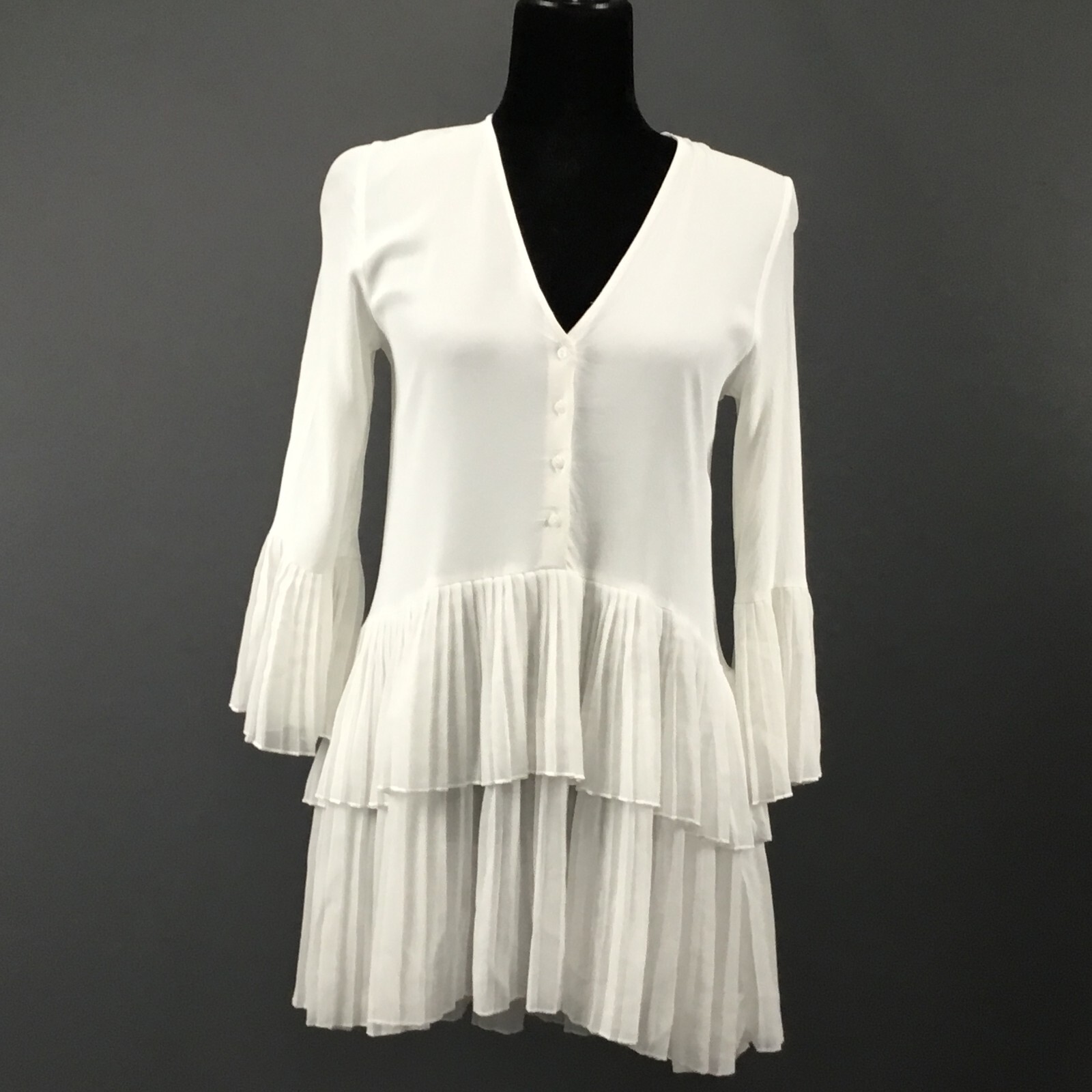 Zara Woman Top Mini Dress Womens M White Pleated Layered Chiffon Button Front
