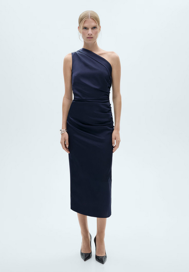 NWT MANGO MNG $90 NIGHT BLUE GATHERED DETAIL ASYMMETRICAL SATIN DRESS SZ M US 6
