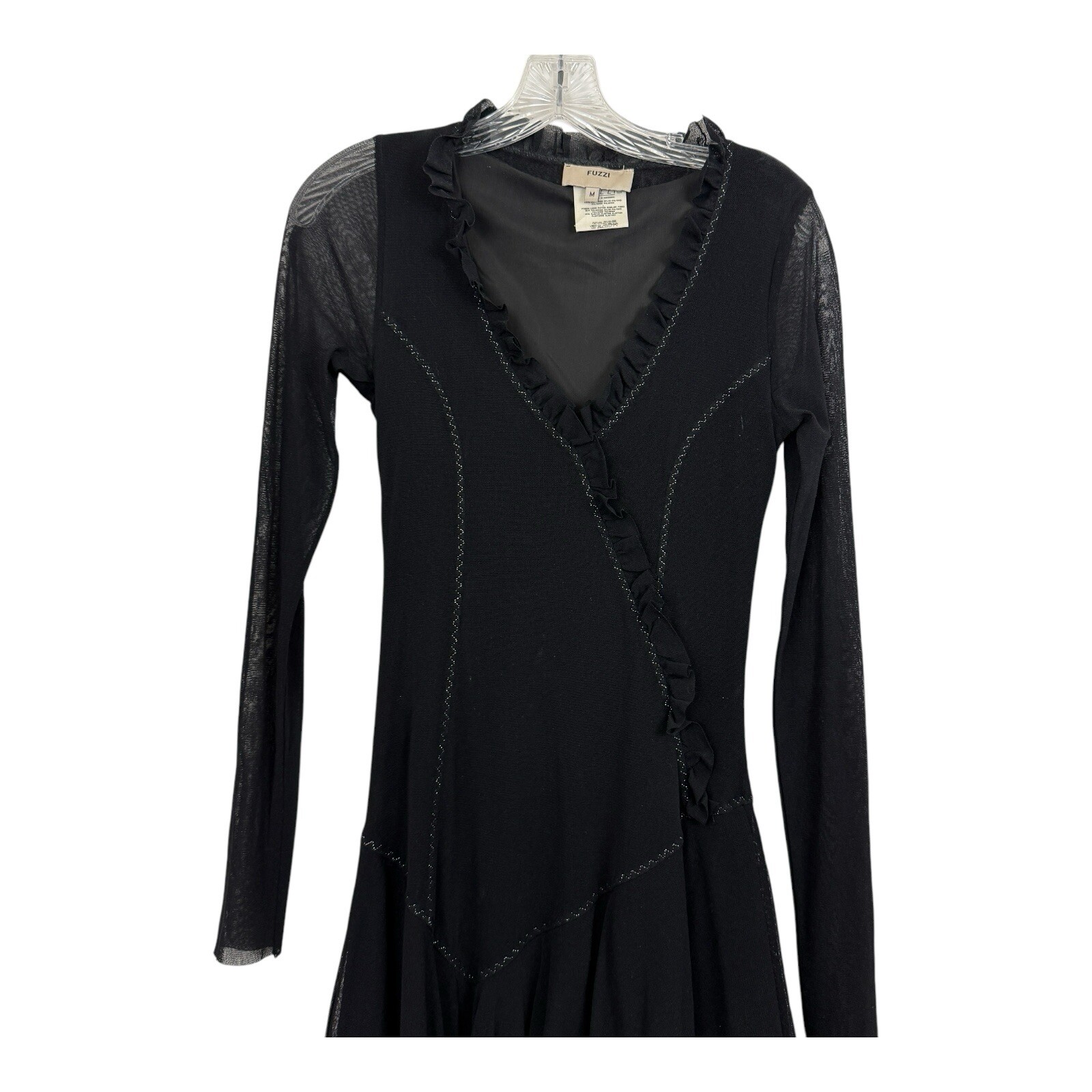 FUZZI Whimsigoth Tiered Dress Sz M Italy Black Mesh Fit Flare Layered Witchy