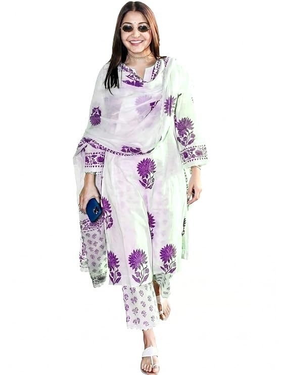Women Hand Block Floral Printed Straight Kurta Set with Palazzo Pants & Dupatta
