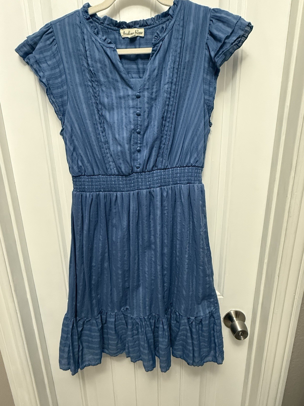 Indigo Rose Mini Dress Large Blue Cap Sleeve Romantic Spring Feminine (32-12)