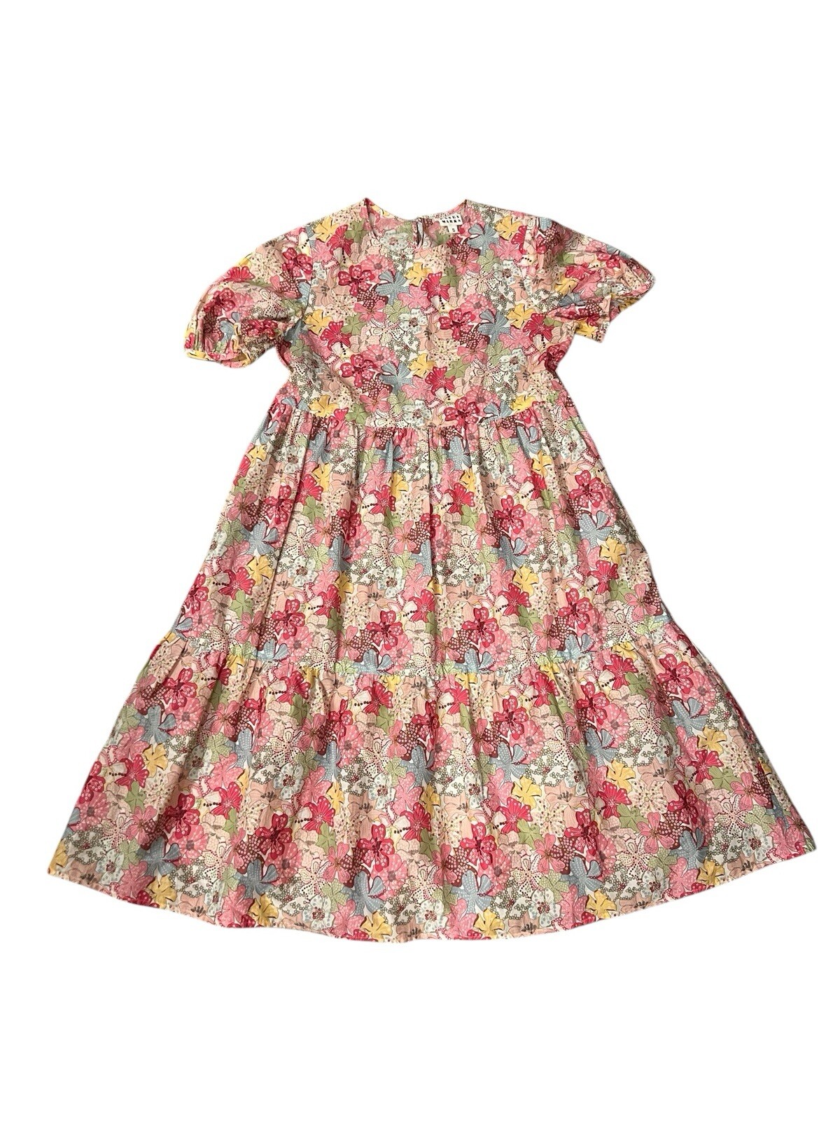 Casey Marks Floral Tiered Midi Dress Womens Size S Pink Multi Short Puff Sleeve