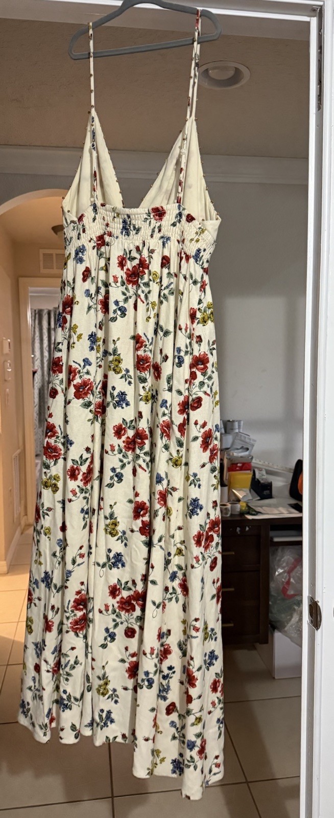 NWT Caroline Constas Backless Beaded Floral Linen Blend 52″Long Dress Small S