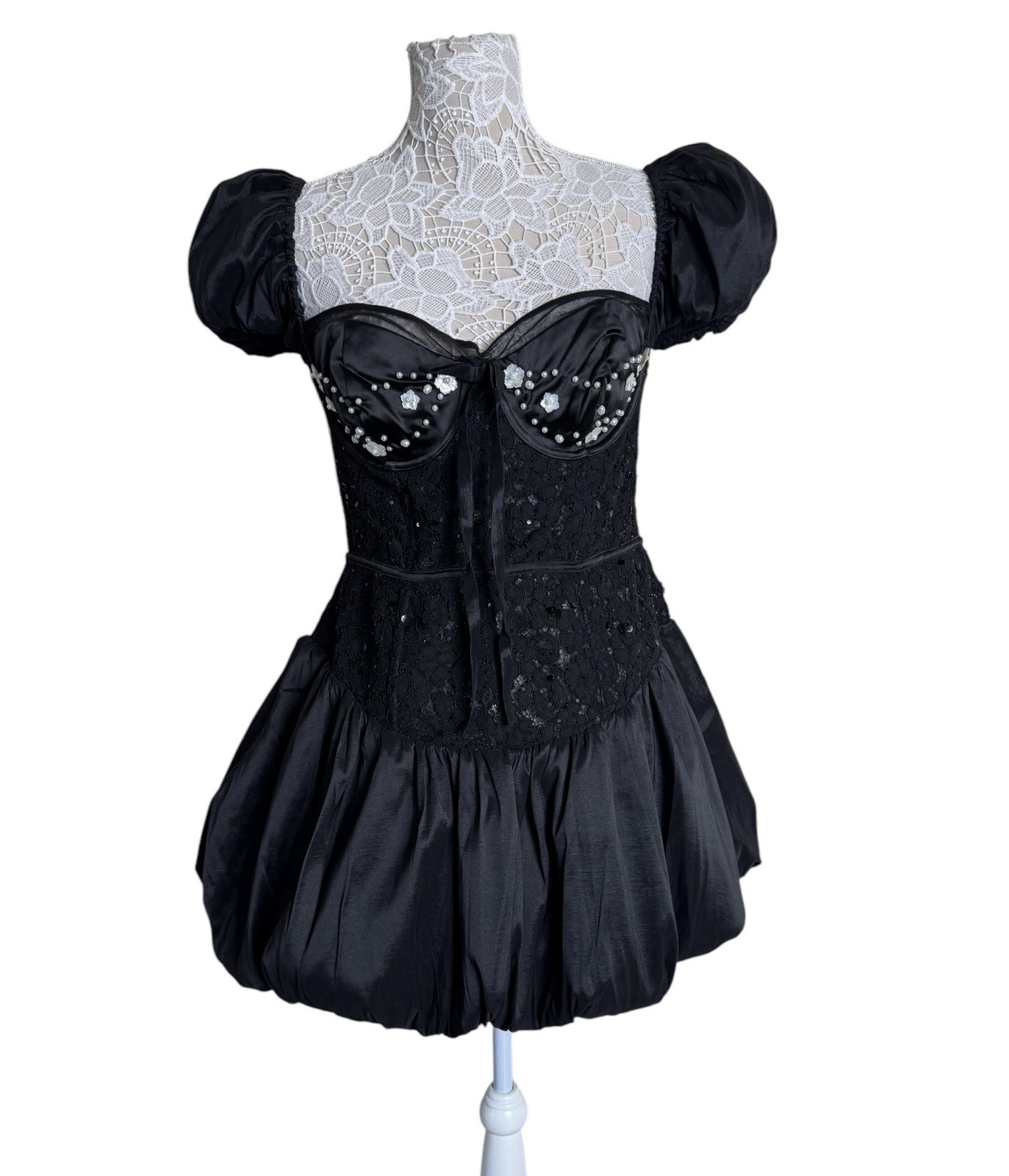 NWT For Love & Lemons Mckenna Mini Bubble Hem Lace Bustier Dress Black X-Large