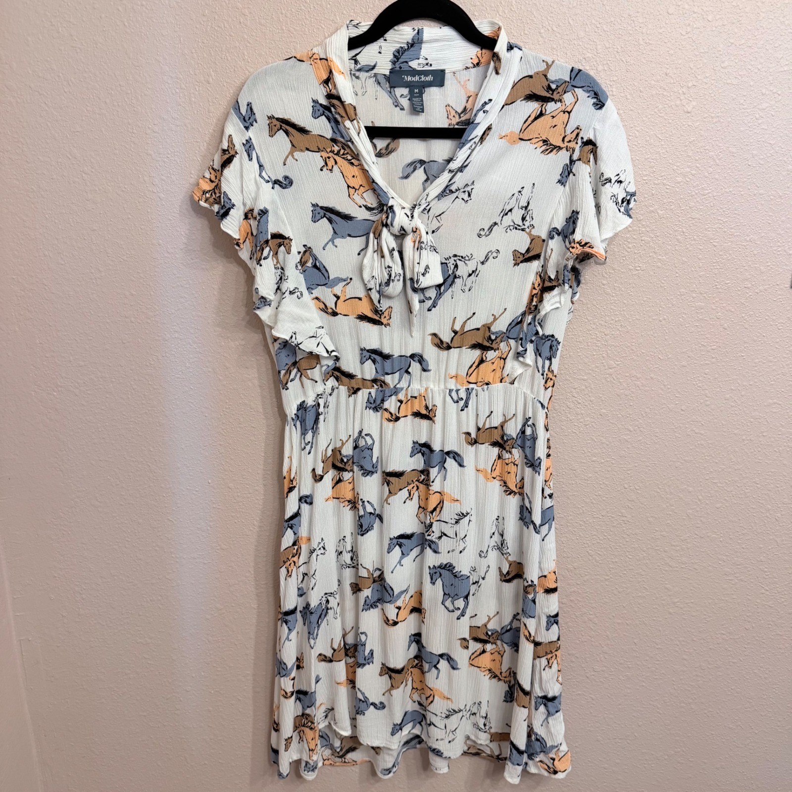 ModCloth White Horse Print Tie Neck Flutter Sleeve Fit Flare Dress Womens Medium
