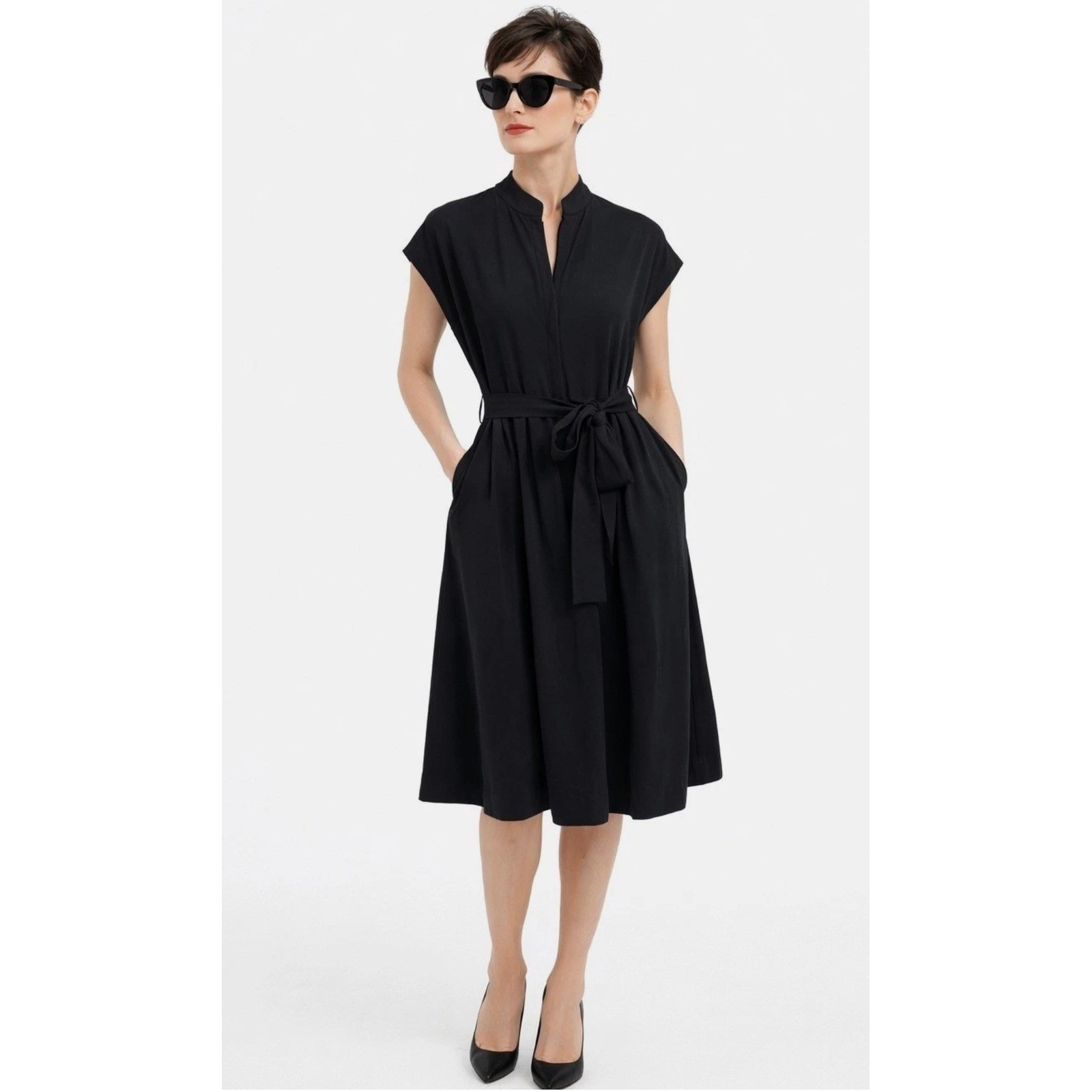 41 Hawthorn Womens Black Split Neck Cap Sleeve Belted Dress Size L NWT