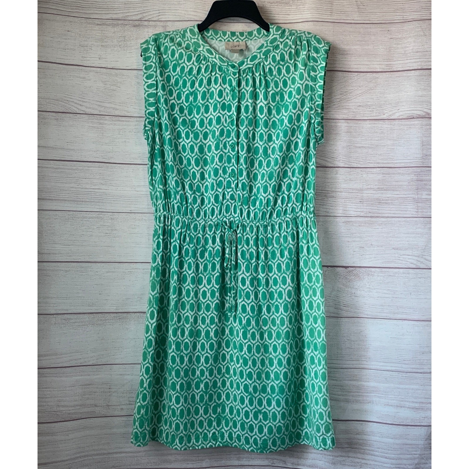 LOFT Green White Sleeveless Dress Tie String Cinch Waist Size Medium