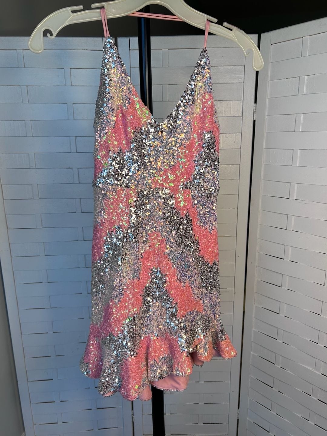Selfie Leslie Take Note Cami Strap Sequin Mini Dress in Peach and Silver