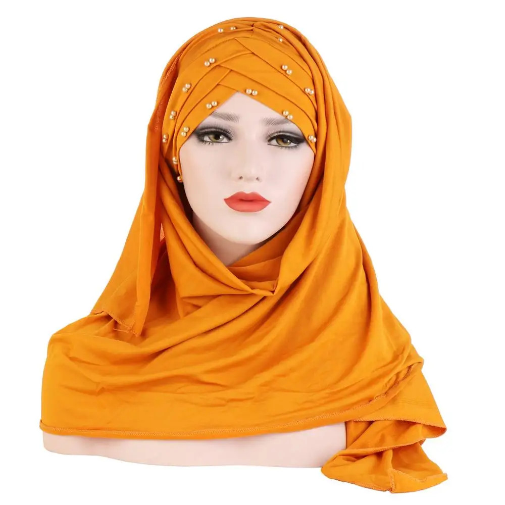 2019 Muslim Cotton Scarf Plain Hijabs With Bead Shawls And Wraps Femme Musulman