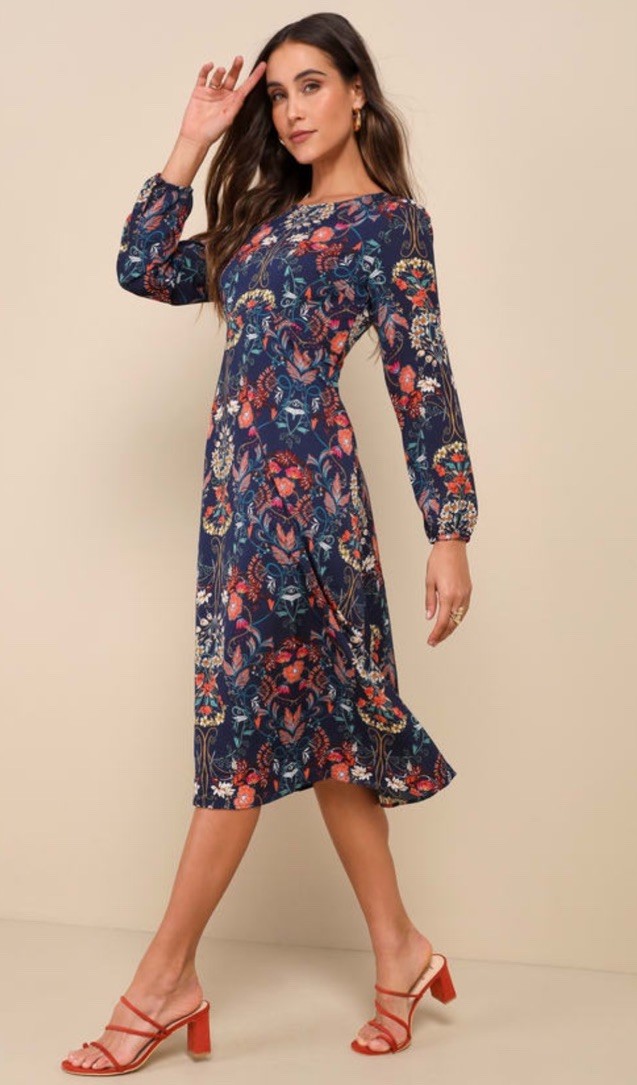 I. Madeline Large Navy Blue Floral Midi Garden Splendor Dress