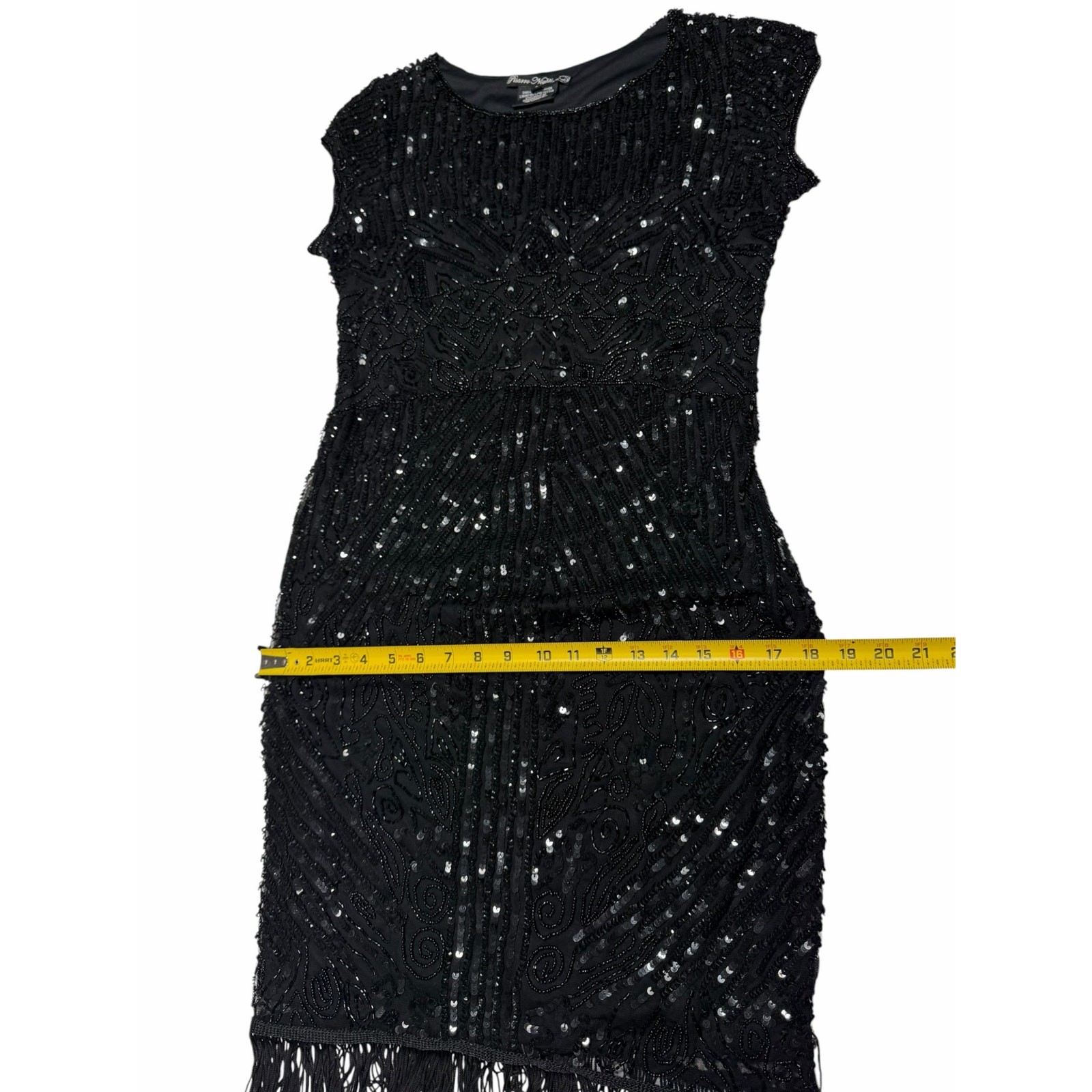 Pisarro Nights Black Beaded Sequin Fringe Cocktail Dress Art Deco Gatsby Flapper