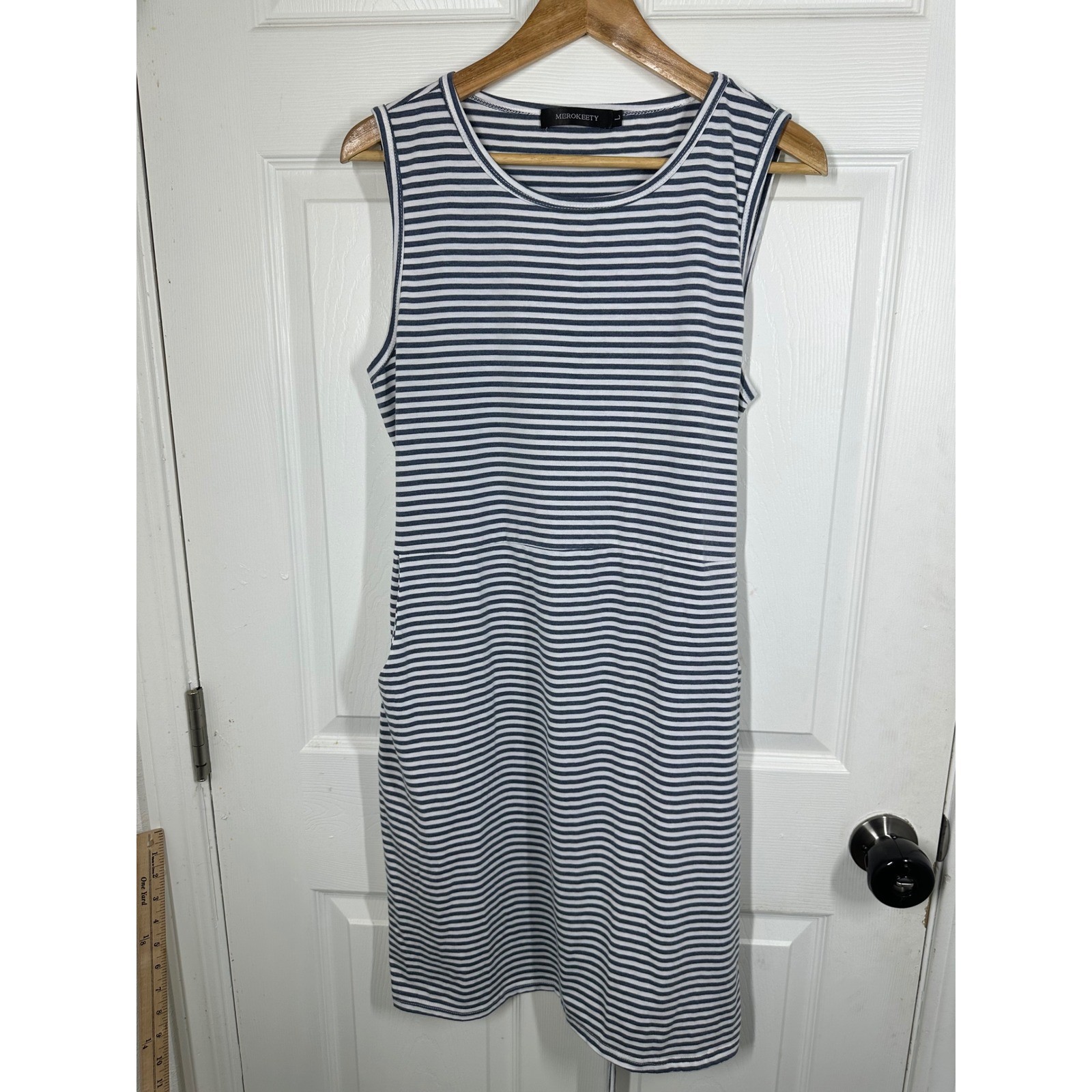 MEROKEETY T-Shirt Dress Womens L Blue Striped Sleeveless Tie Waist Pocket Casual