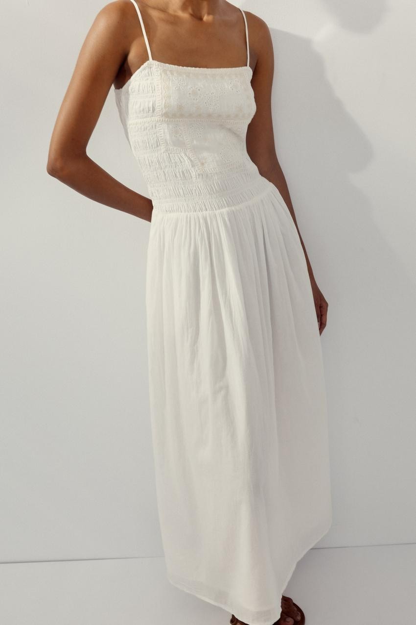 ZARA EMBROIDERED FLORAL OYSTER WHITE MIDI DRESS M