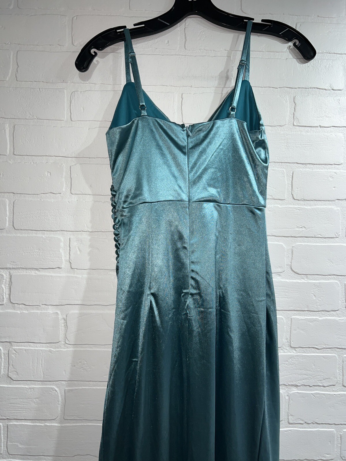 NEW! ADYCE Ruched Split Thigh Sating Formal Dress Gown BLUE Size XS