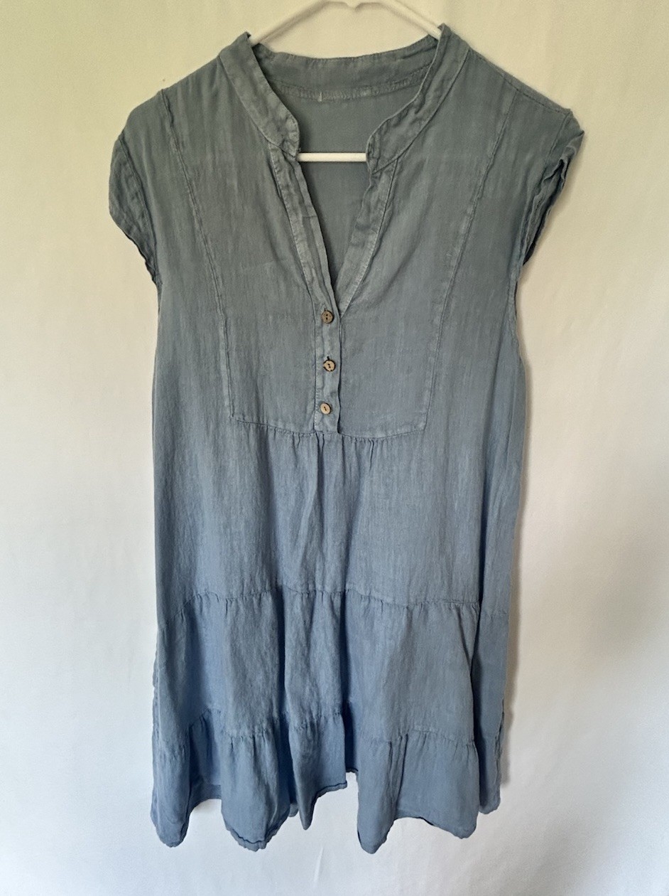 Made In Italy Blue 100% Linen Henley Tiered Dress Med Francesca Bettini Style