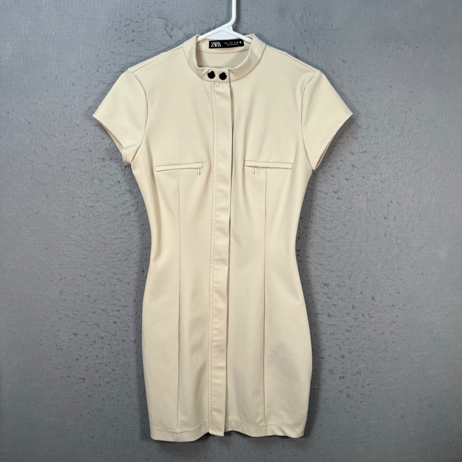 Zara Womens Medium Beige Short-Sleeve Fitted Mini Dress w/ Mandarin Collar