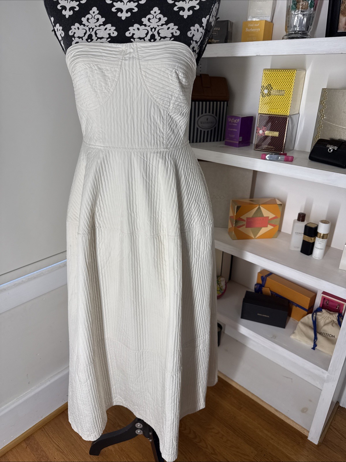 NWT MISS ROSIER Size L Neutrals Cortny Bustier style Pleated Midi Dress POCKETS