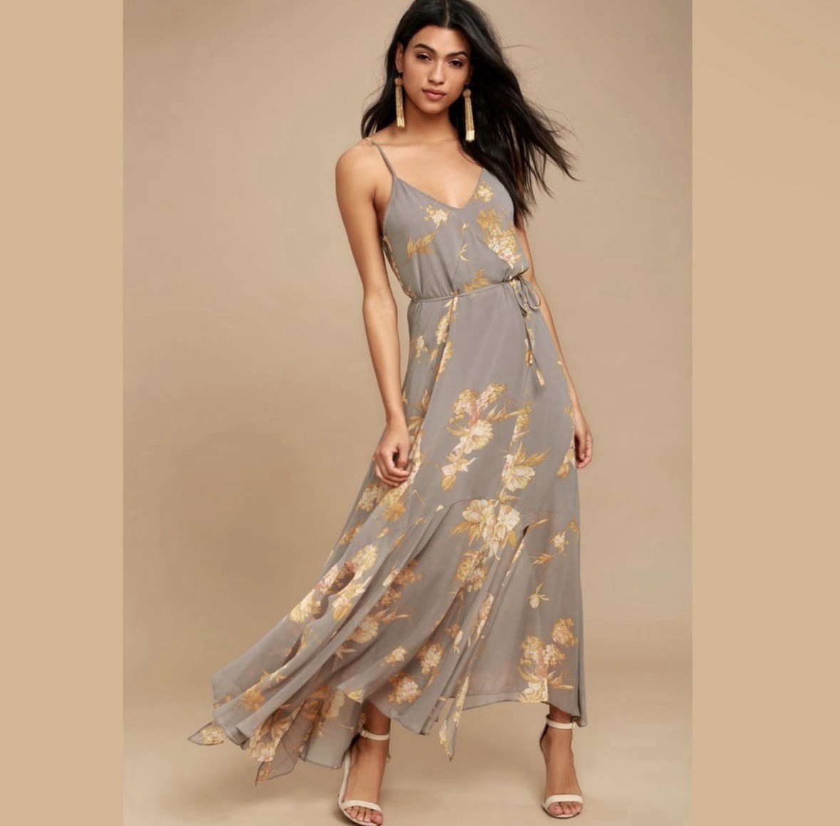 Lulu’s Gray Floral Maxi Slit Dress Women’s Size M • V-Neck, Keyhole Back
