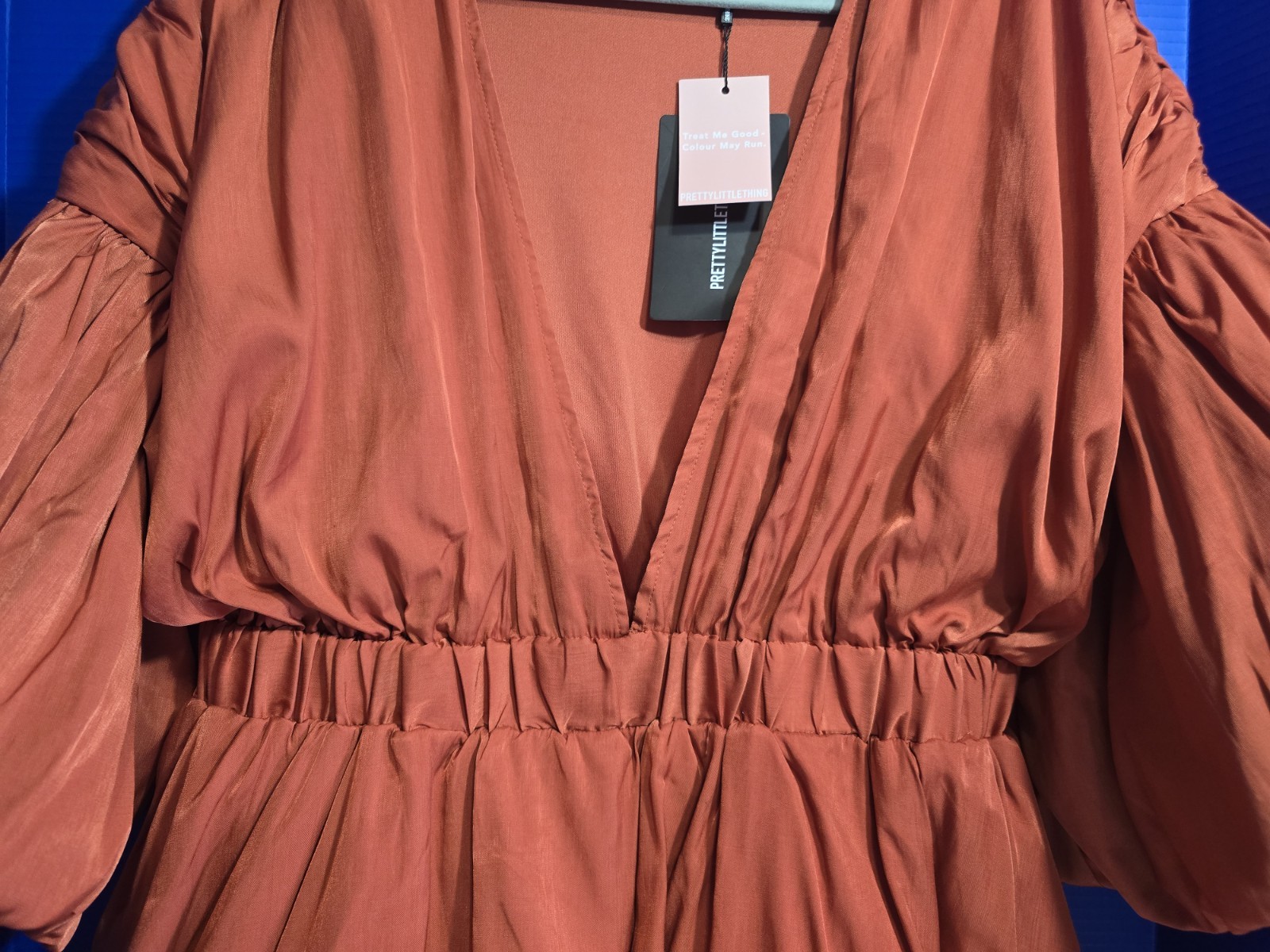 PrettyLittleThing Rust Copper Puff Sleeve Bubble Hem Babydoll Dress NWT Size 12