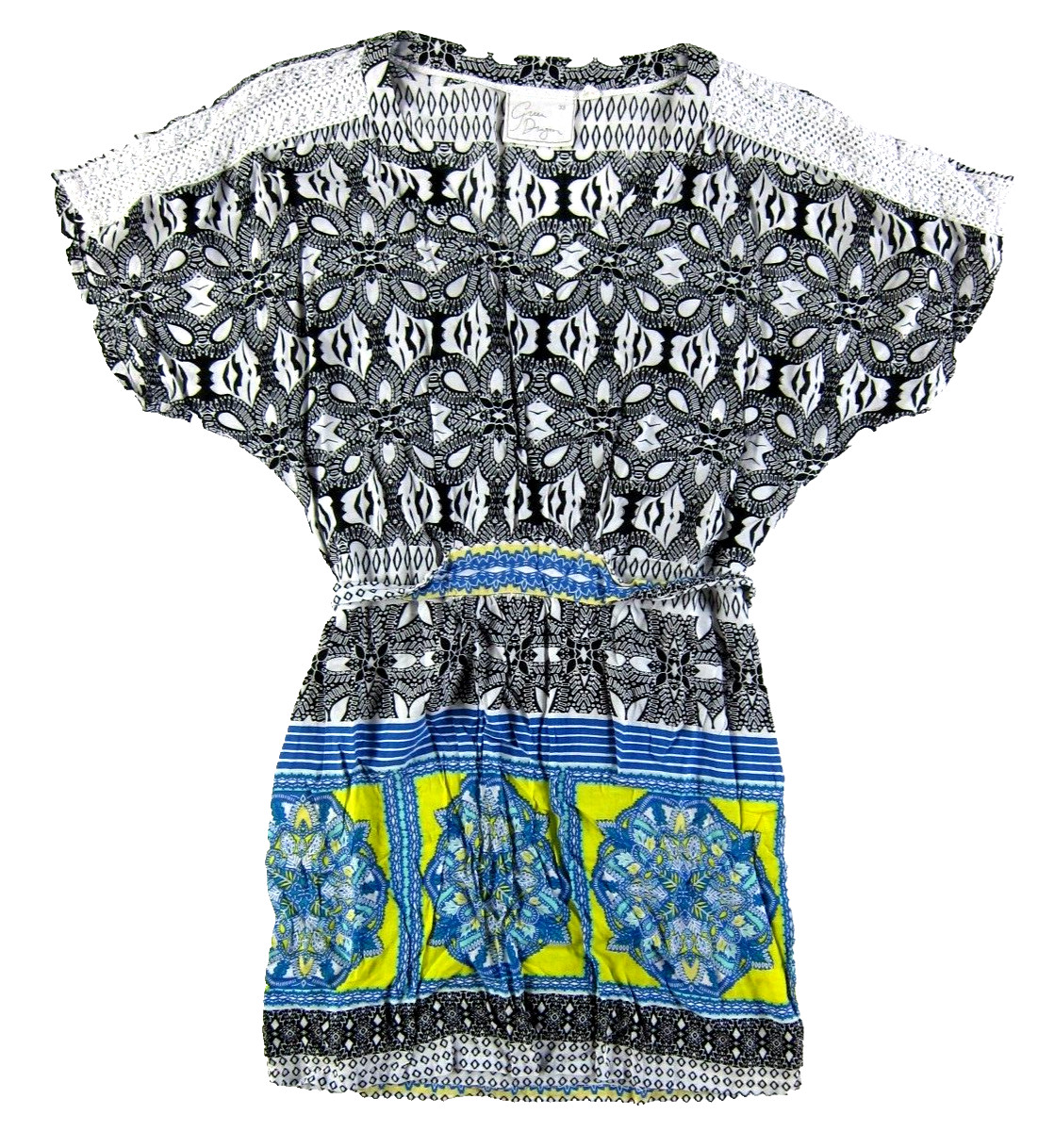 Green Dragon Rayon Black White Blue Yellow Paisley Floral V-Neck Sheath Dress XS