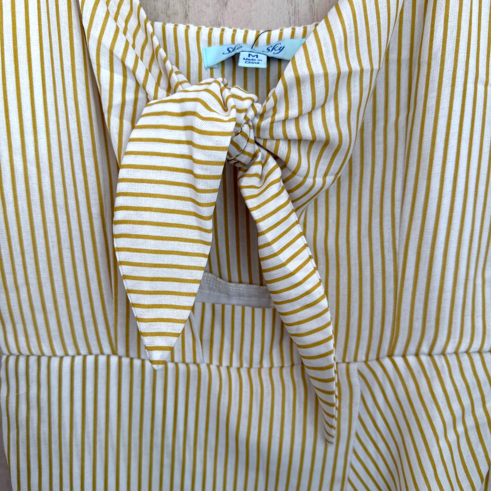 Boho Yellow White Striped Tie Front Ruffle Mini Dress Size M NWT Cottage Coastal