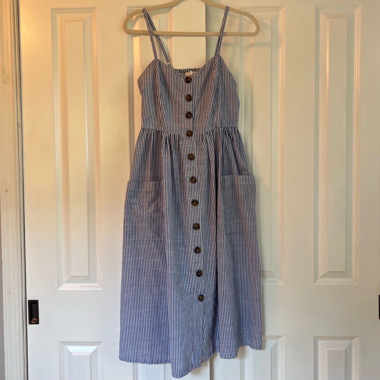 Slide Show Blue White Pinstripe Cottagecore Button Front Midi Dress Size 12