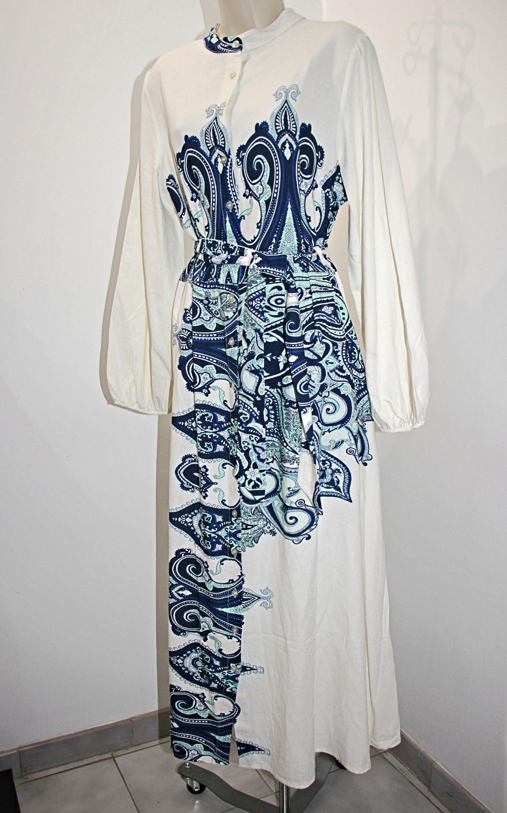 Le Ragazze Linen Blend Button Front Pockets Belted Maxi Shirt Dress sz L