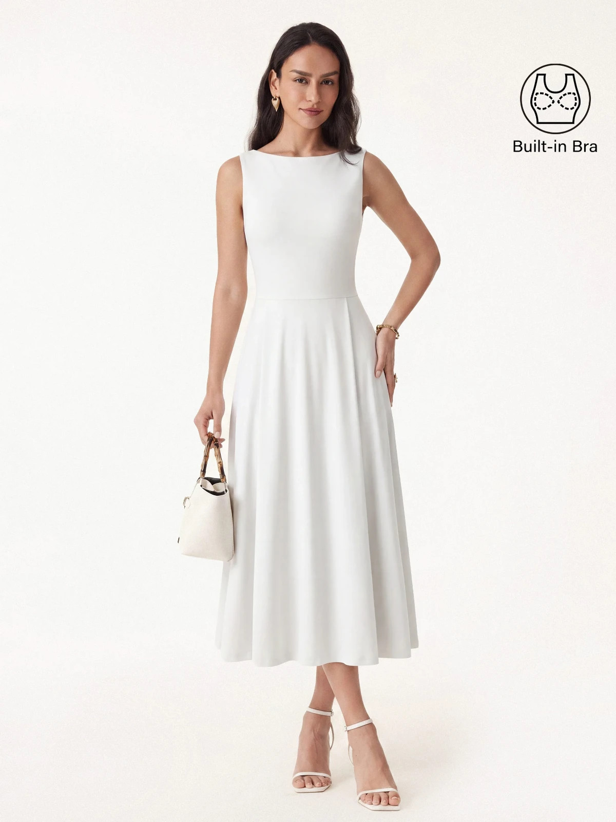 OGL Bamboo Ponte Boatneck Midi Dress Built-in Bra Women Pockets-White