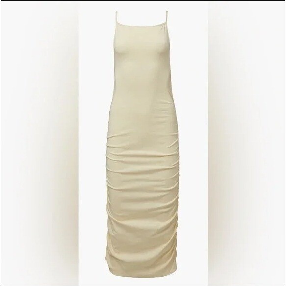 WeWoreWhat Revolve Open Back Ruched High Neck Bodycon Midi Dress Cream L NEW