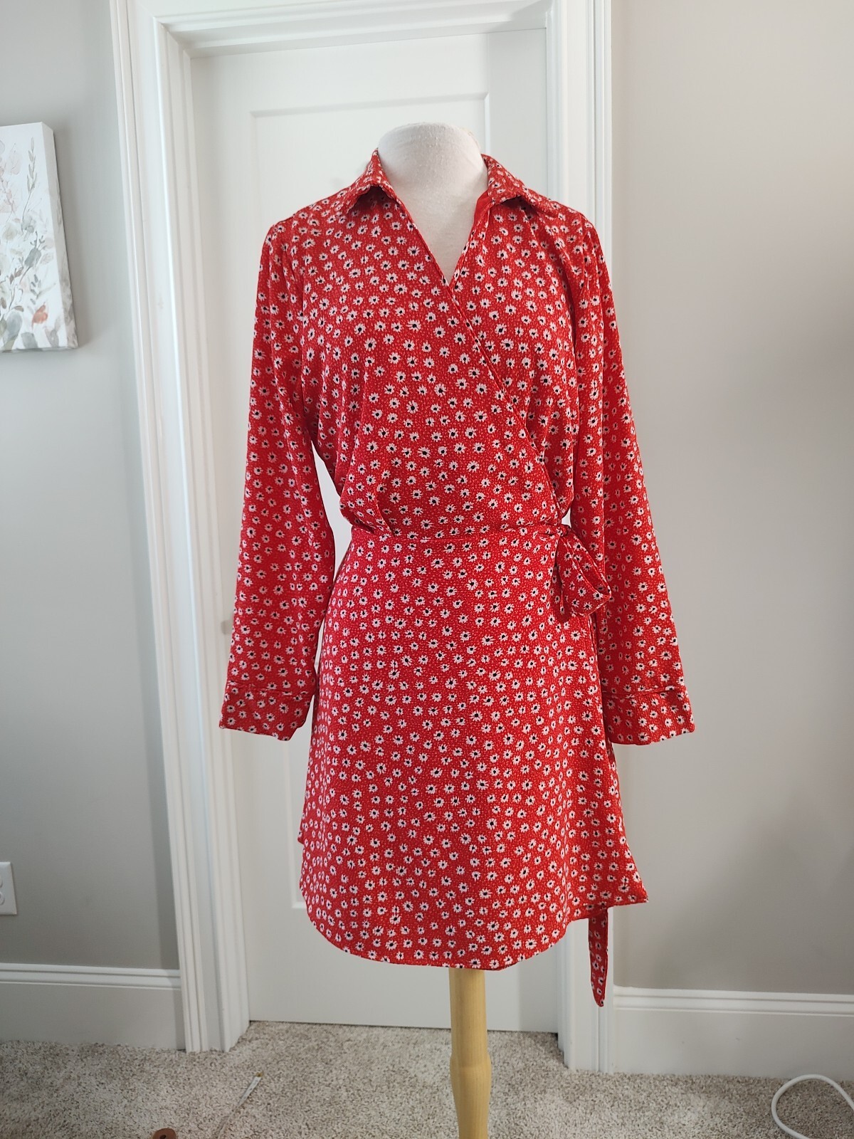 CeCe Red Floral Long Sleeve Wrap Dress XL