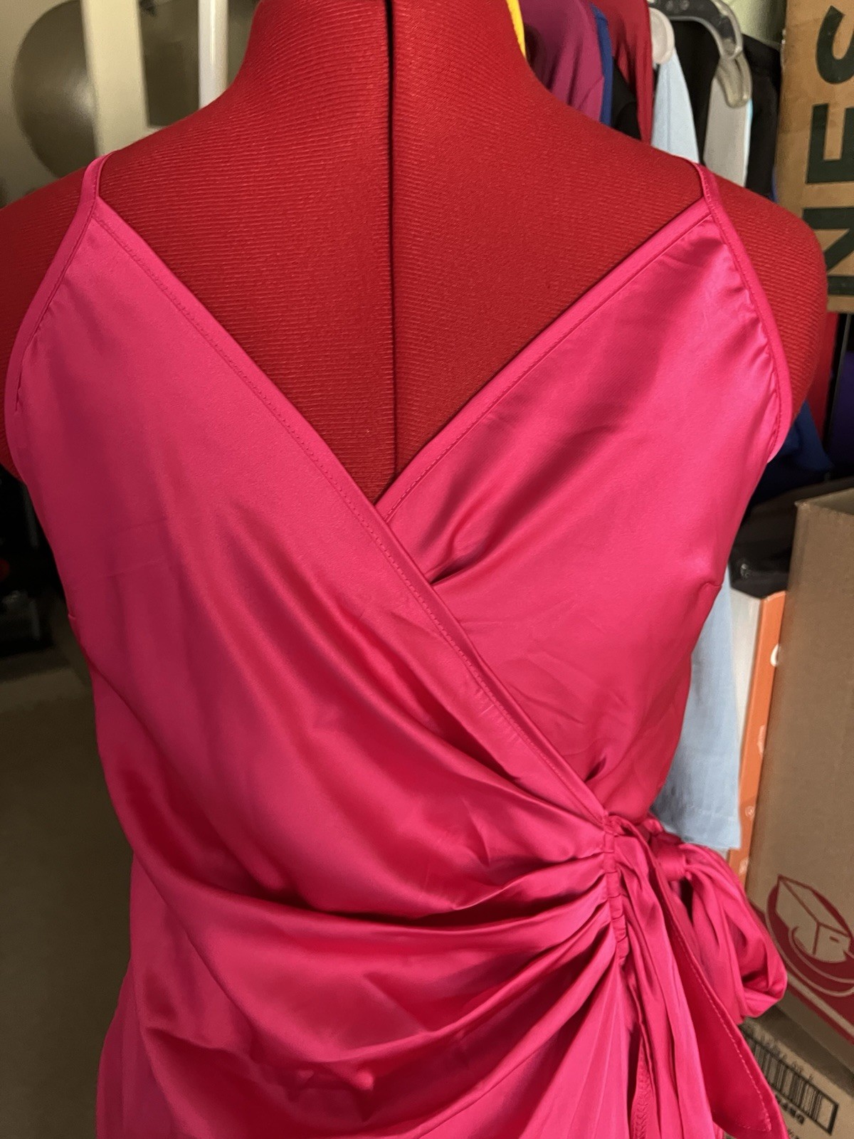 Womens Spaghetti Strap Cross Back Pleated Satin Wrap Dress. Medium