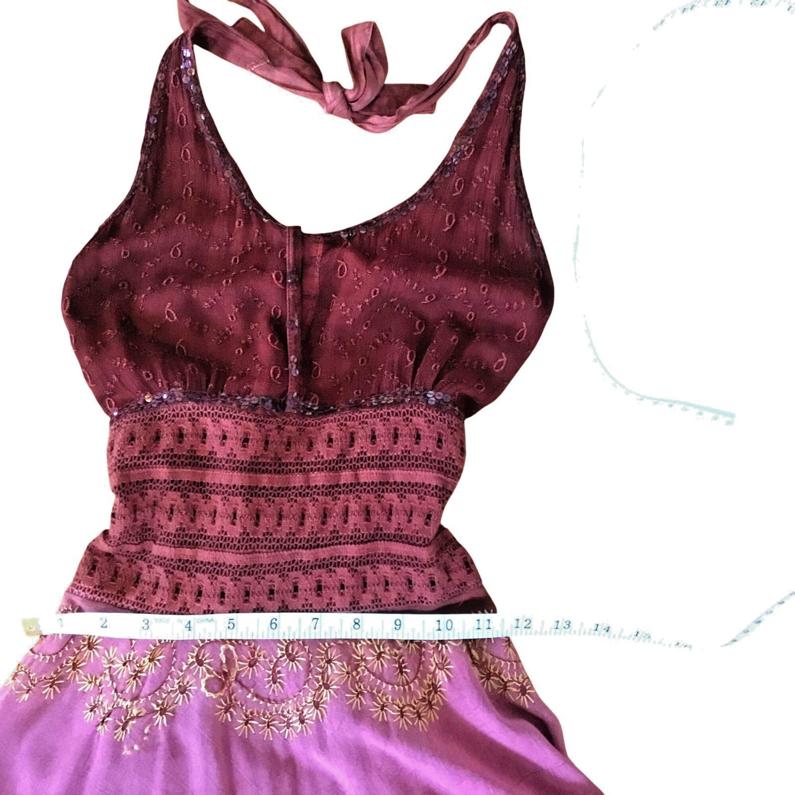 Boho Patchwork Halter Dress Sequin Embroidered Asymmetrical Handkerchief Hem S