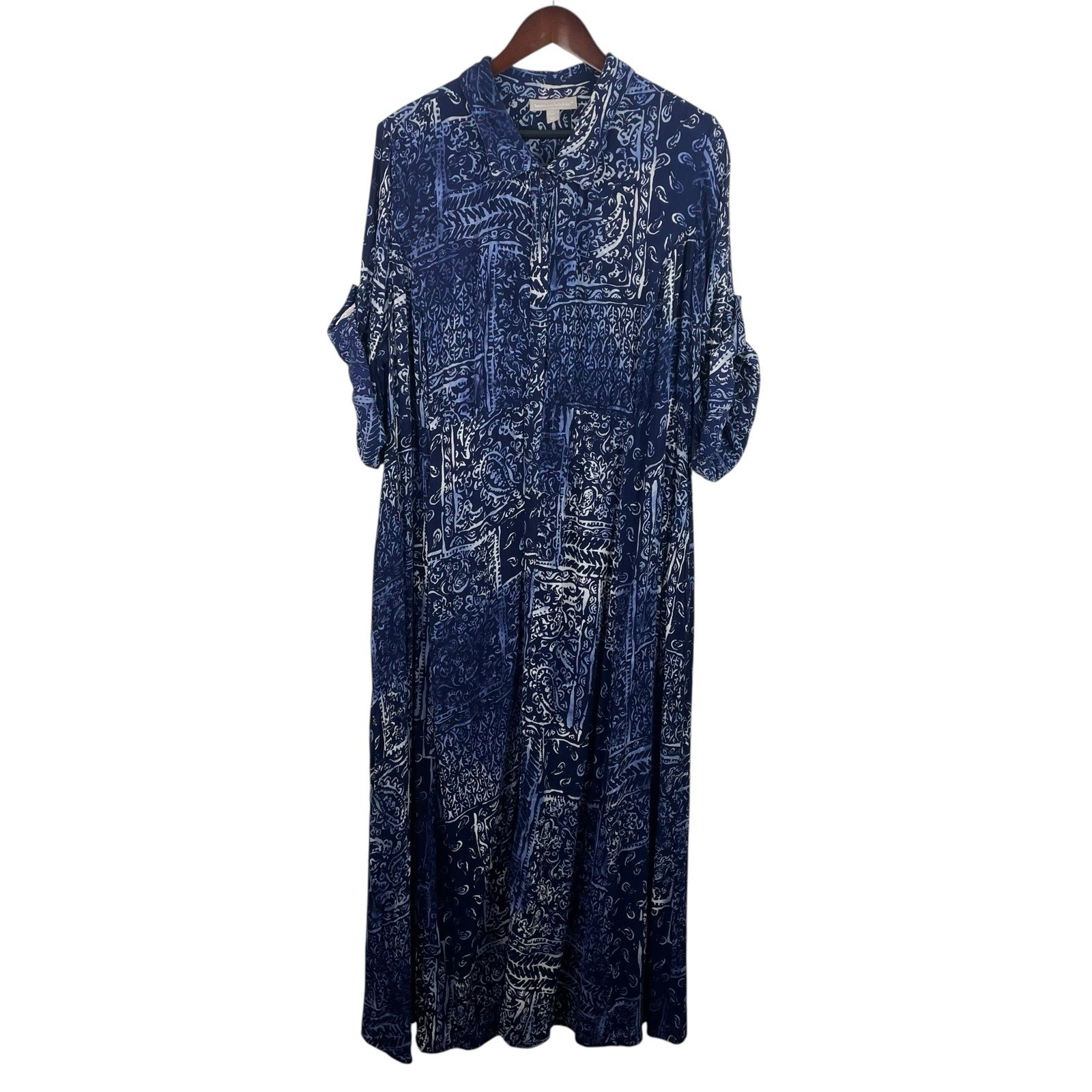 Woman Within Size 20W Blue White Batik Button Short Sleeve Maxi Dress Plus Size