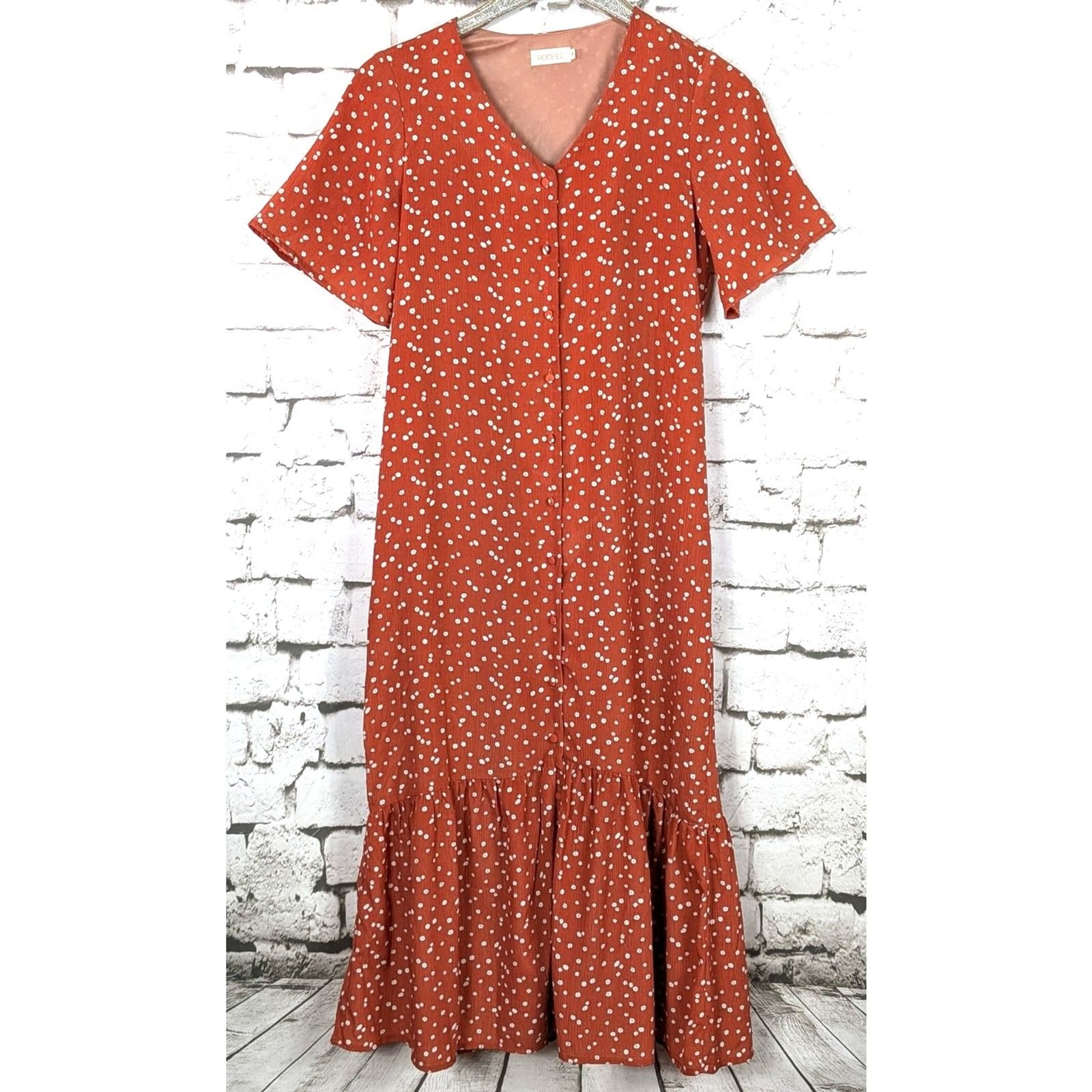 ROOLEE Ditsy Floral Button-Front Crepe Midaxi Dress Boho Cottage Peasant Medium