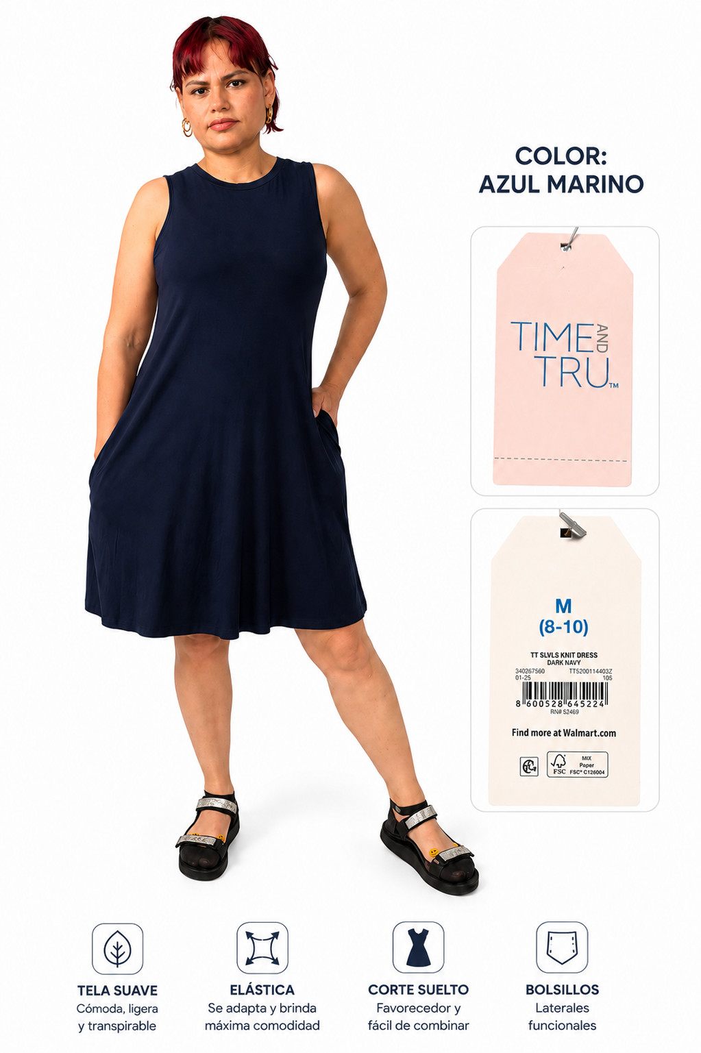 Time and Tru Navy Blue Sleeveless Knit Dress Women’s M 8-10 New with Tags