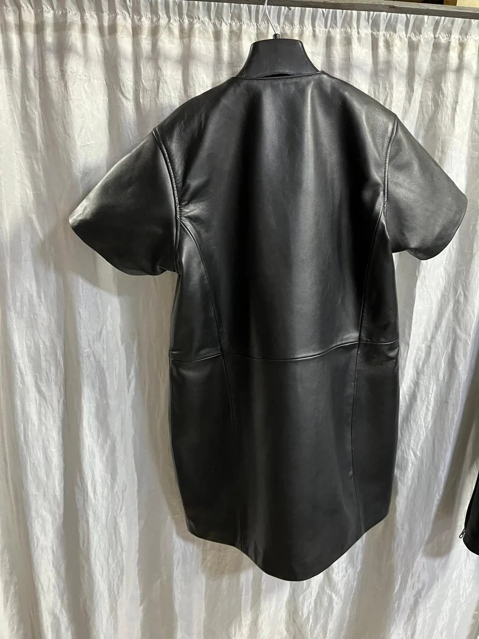 Womens Black Zipper Motorcycle Leather Dress. Real Sheepskin Slim Fit Long Dress
