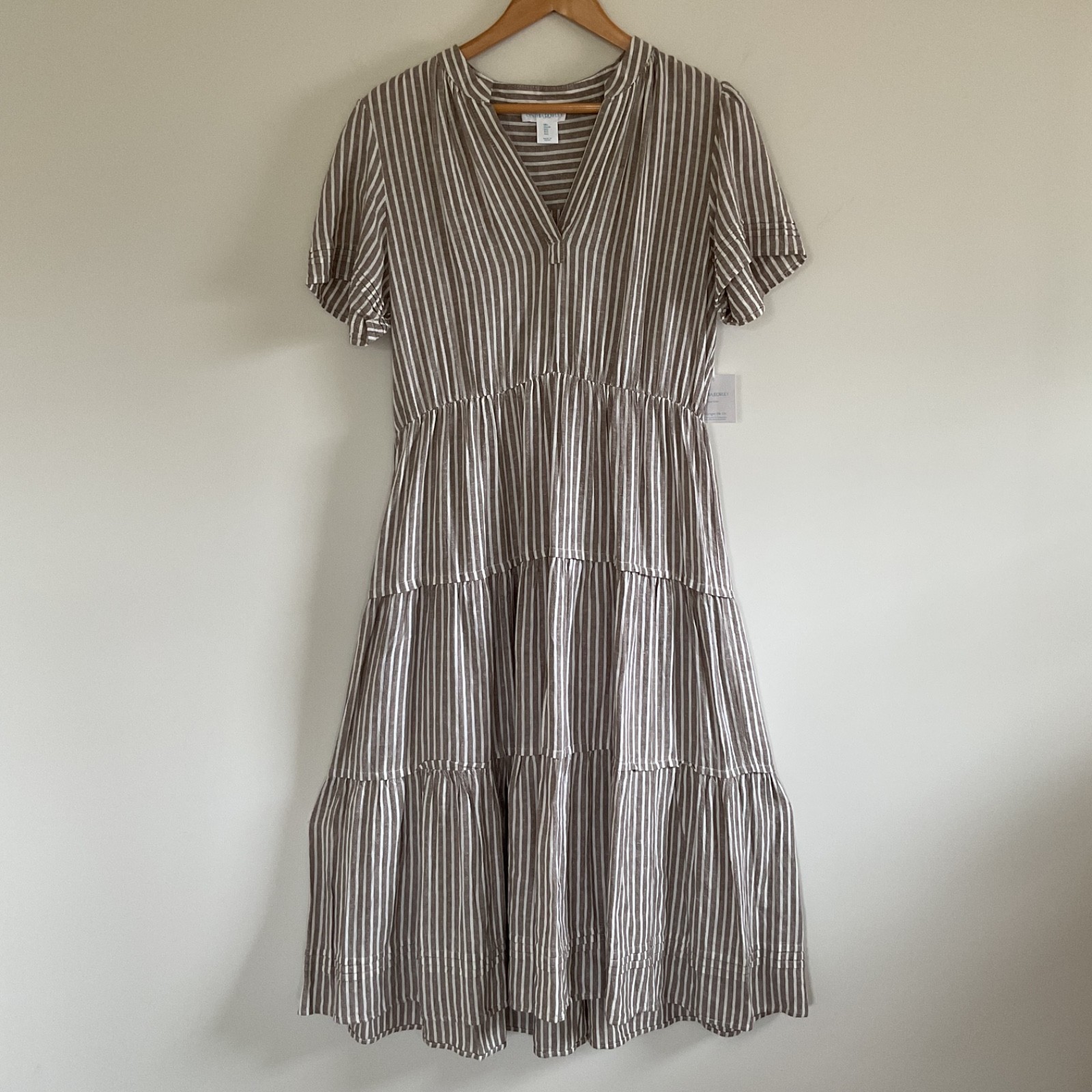 Cynthia Rowley Linen Blend Tiered Midi Dress L Taupe White Stripe Coastal Office