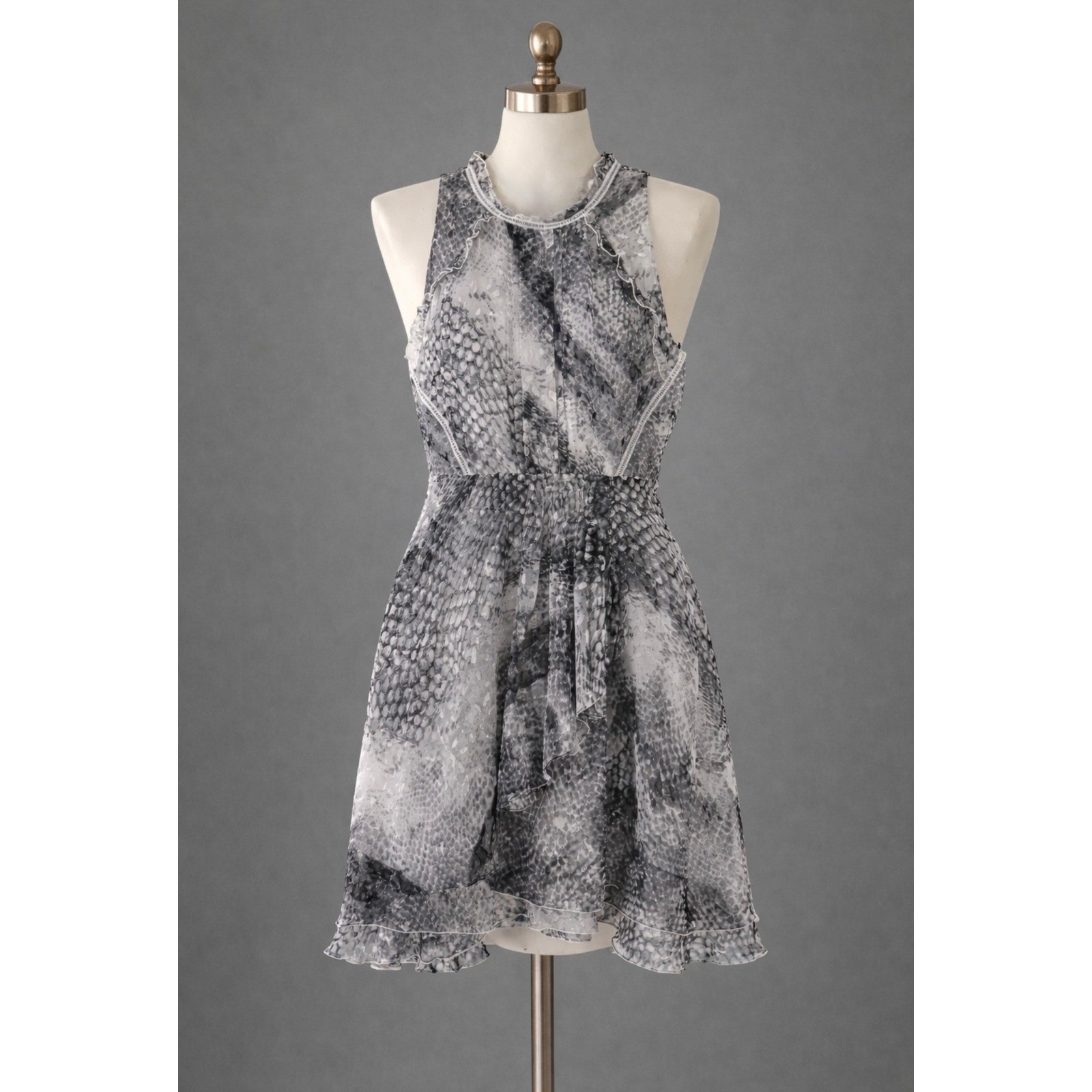 Reiss Sibilla Snakeskin Print Midi Dress Size 10 Floaty Ruffle Lightweight