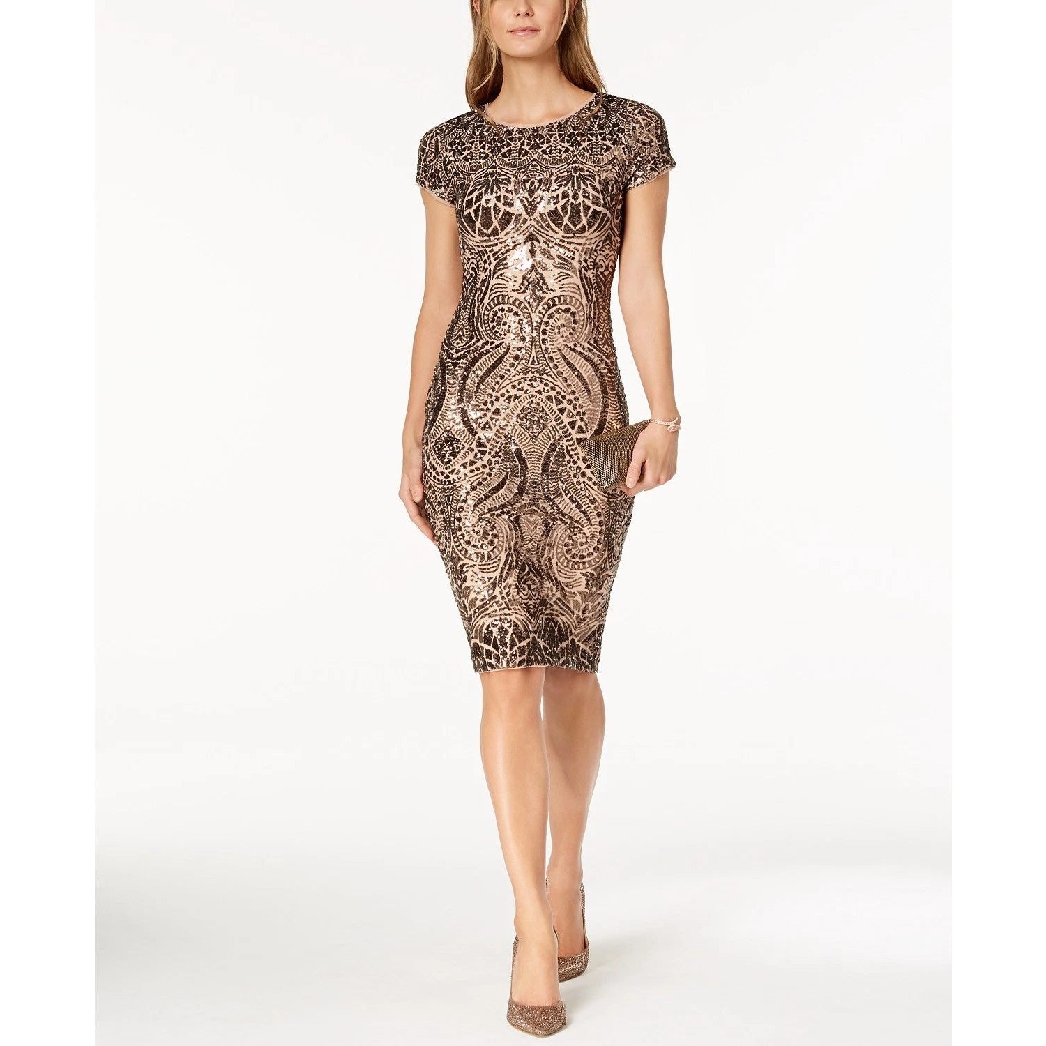 Betsy & Adam Sequin Dress Size 10 Bronze Sheath Formal Evening Cocktail