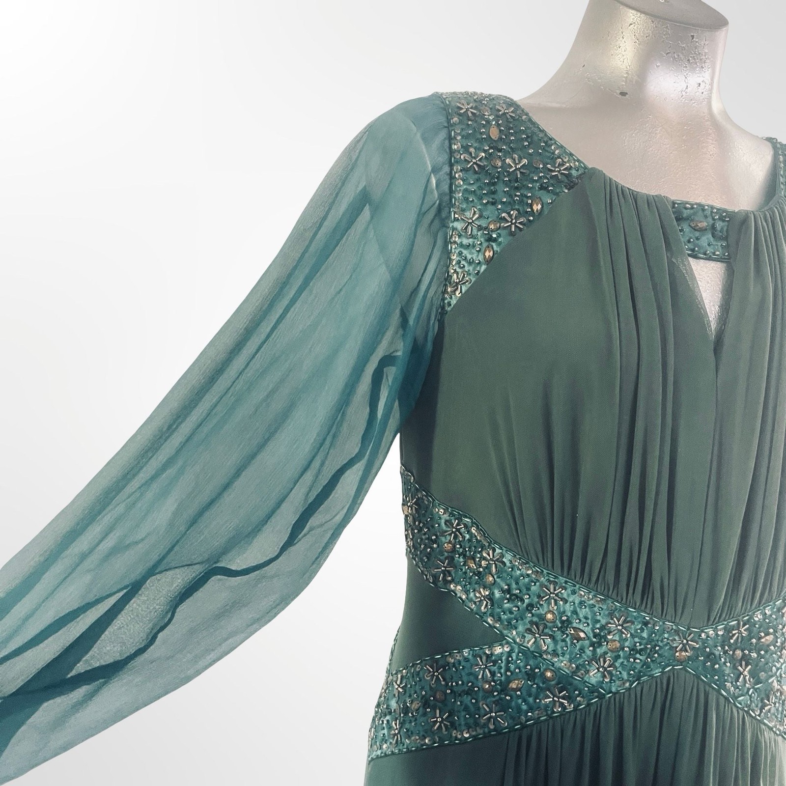 Decode 1.8 Forest Green Chiffon Embellished Long Sleeve Evening Gown
