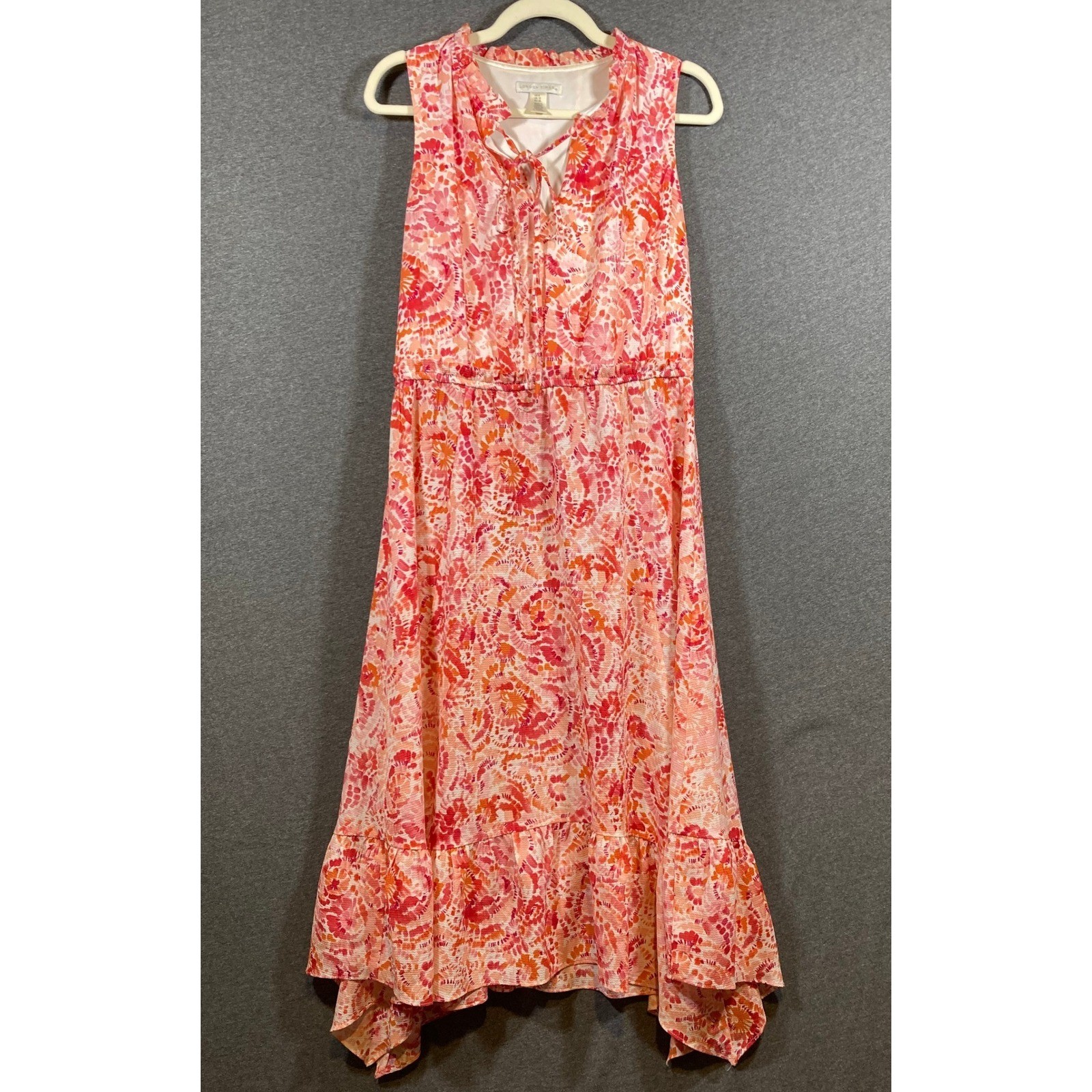 London Times Womens Pink Orange Abstract Batik Handkerchief Hem Midi Dress Sz 8