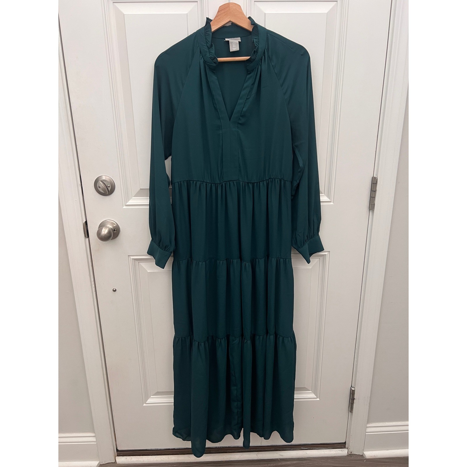 Lucky Brand Green Tiered Maxi Dress Ruffle Neck Long Sleeve Small