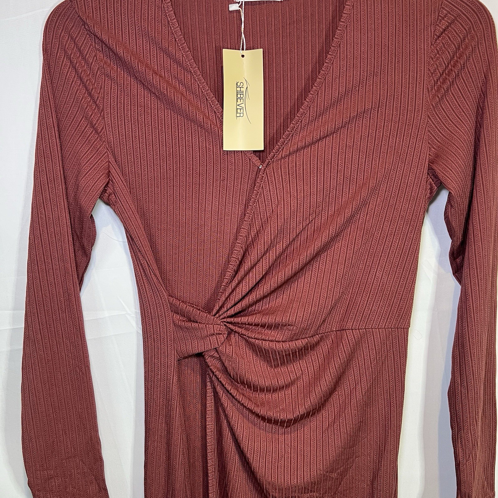 Shibever | Women’s Long Sleeve Midi V Neck Casual Dress | NWT | Medium Red Brown